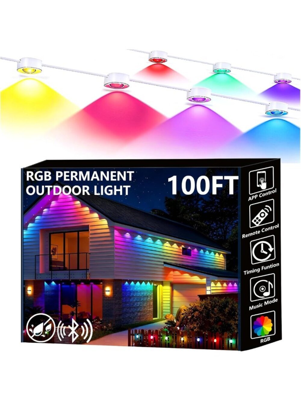100ft Smart Outdoor Eave Lights - RGB LED, IP67 Waterproof, App-Controlled, DIY